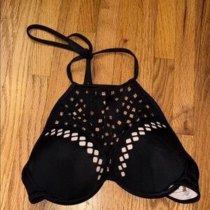 Black Halter Neck Lattice Bathing Suit Top